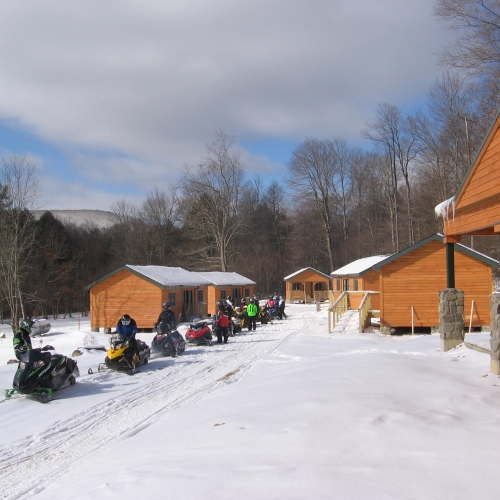 Snowmobiles at Allegany State Park's Group Camp 5 in the Winter